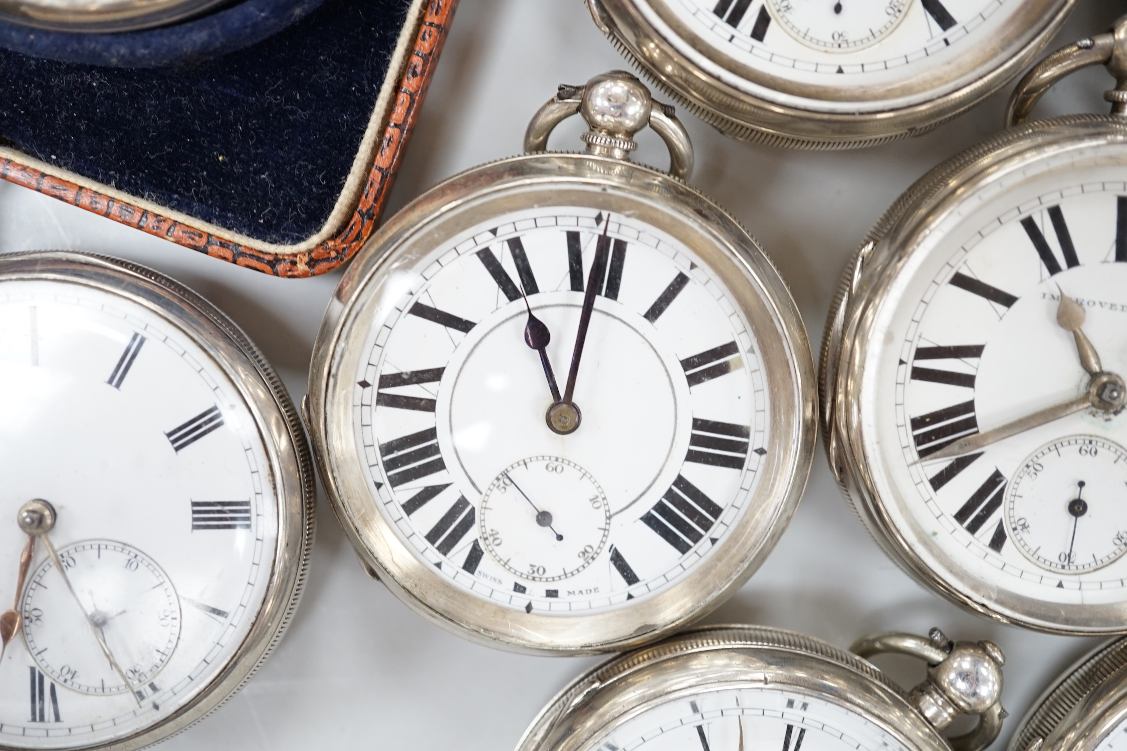 Ten assorted silver or white metal pocket watches including W. Turner and Improved Patent(2).